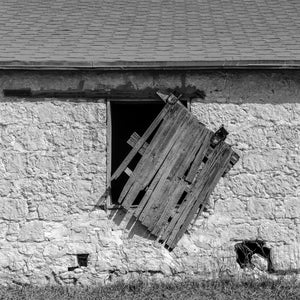 Broken window shutters on old stone barn | Photo Art Print fine art photographic print