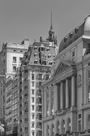 Buenos Aires Stock Exchange facade with columns and ornate buildings rising behind it.
