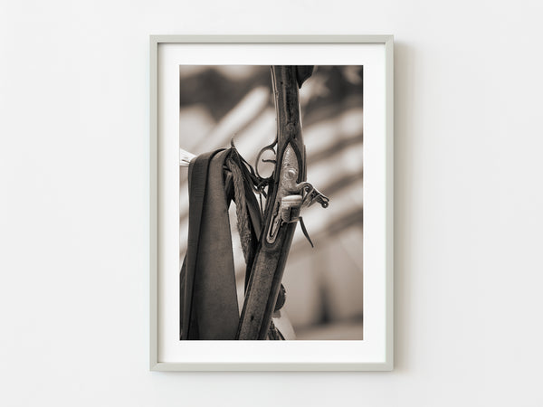 Closeup of 18th century musket with American flag background | Photo Art Print fine art photographic print