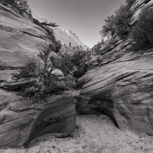 Layered rock faces and scattered shrubs enclosing a narrow desert passage.