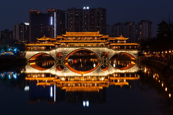 Downtown Chengdu China bridge over the river at dusk | Photo Art Print fine art photographic print