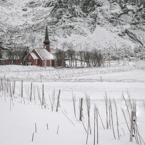 Chapelle de Flakstad couverte de neige Norvège | Photos Tirage d’art Fine Art impression photographique