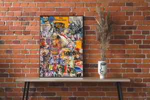 Expansive graffiti-covered wall, a tapestry of artistic expression with layers of paint, stencils, and stickers, telling a multifaceted story of urban life.