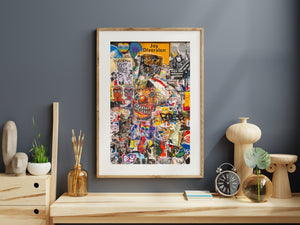 Textured graffiti montage, a visual symphony of overlapping tags, weathered posters, and spray-painted imagery, showcasing the ephemeral nature of street art.