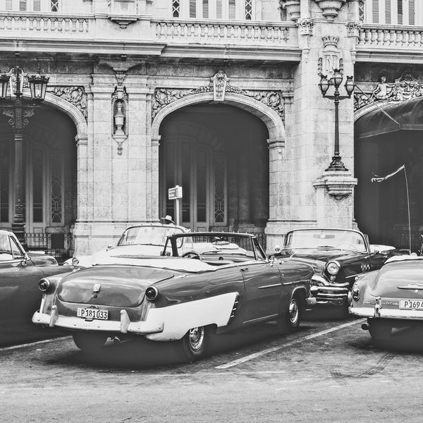 Group of classic cars parked in front of hotel in Havana Cuba | Photo Art Print fine art photographic print