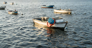 A weathered white fishing boat with a red life ring sits among small boats in Havana harbour.