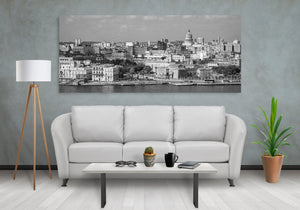 Havana harbour cityscape with palm trees, fortifications and densely layered rooftops.