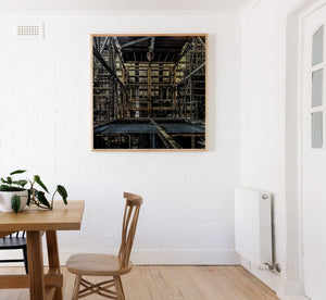 Toronto’s Hearn Generating Station interior with repeating metal supports and weathered industrial surfaces.