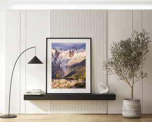Hiker photographing the receding glaciers in the Rocky Mountains | Photo Art Print fine art photographic print