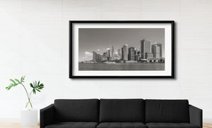 Wide monochrome Lower Manhattan skyline viewed from the East River