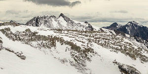 Colour photograph of snowy ridges in the Martial Mountains north of Ushuaia