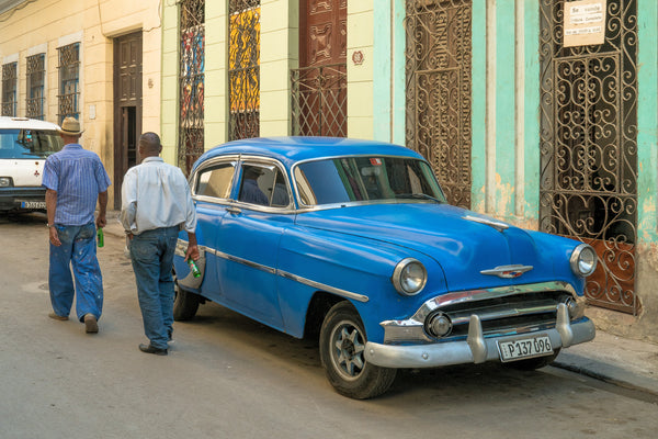 Men walking by classic blue car Havana Cuba | Photo Art Print fine art photographic print