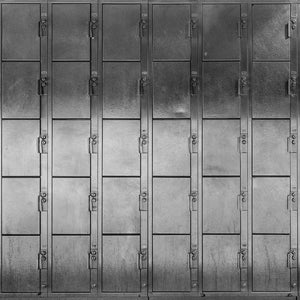 Rows of narrow metal locker doors with handles and number labels