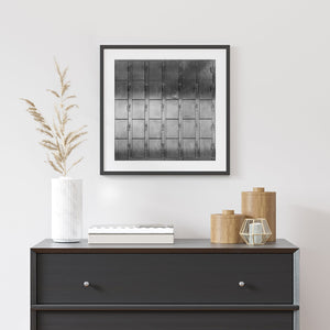 Light and shadow cross textured metal lockers in a square composition