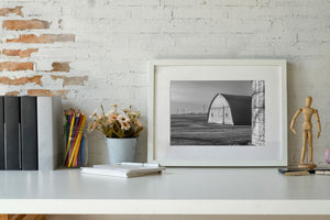 Metal barn and silo on farm at sunset | Photo Art Print fine art photographic print