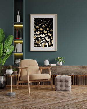 Black bottle caps and golden glass form a repeating cellar pattern