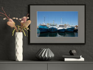 Modern fishing boat tied together in a commercial marina | Photo Art Print fine art photographic print