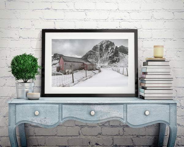 Historic wooden barn in Arctic landscape of Norway