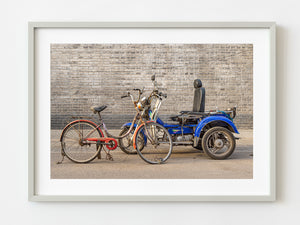 Old bike and motorized cart locked up against a wall in Beijing China | Photo Art Print fine art photographic print
