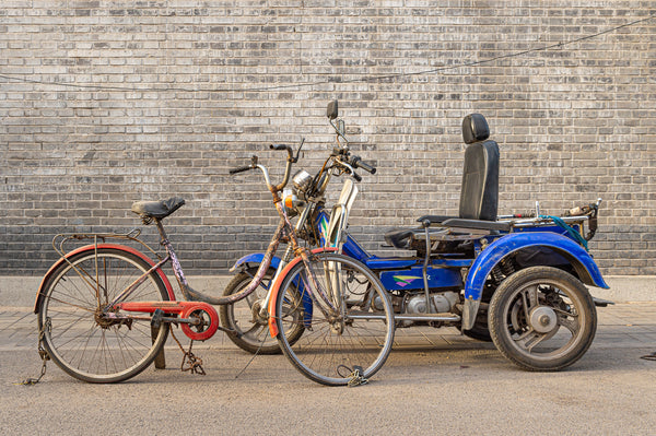 Old bike and motorized cart locked up against a wall in Beijing China | Photo Art Print fine art photographic print