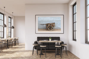 Old homemade metal wheel barrel against a wall in Beijing China | Photo Art Print fine art photographic print