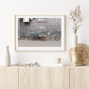 Old rusted work bikes against a wall in Beijing China | Photo Art Print fine art photographic print