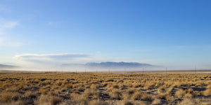 Golden California scrubland stretching toward hazy mountains