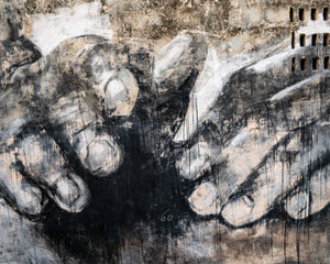 Havana street art showing oversized hands across stained plaster