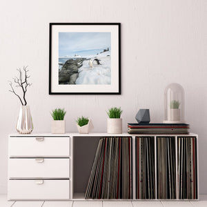 Pair of Chinstrap penguins standing near the rocks by the Southern Ocean | Photo Art Print fine art photographic print