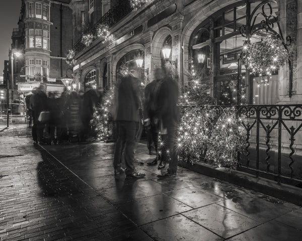 Patrons standing outside of a London Pub at Christmas | Photo Art Print fine art photographic print