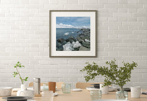 Snow-covered mountains across blue water beyond a rocky penguin shore