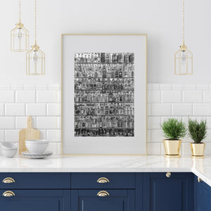Black and white vertical photograph of a crowded Prague bottle display