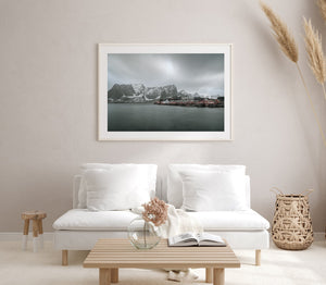 Rote Hütten Sakrisoya Norwegen | Foto Kunstdruck Fine Art Fotodruck