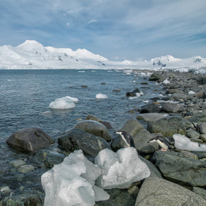 Rocks along the Antarctica Southern Shore with mountains in the distance | Photo Art Print fine art photographic print