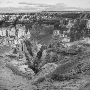 Square monochrome landscape of deeply eroded canyon walls in Arizona