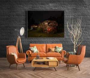 Nighttime urban scene of rusted buses captured in real fine art print
