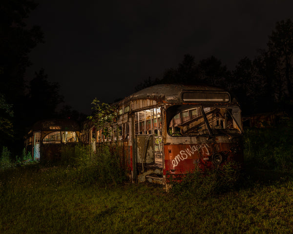 Rusting street car busses at night | Photo Art Print fine art photographic print