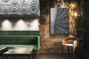 Monochrome modern interior with diagonal supports and a glazed roof