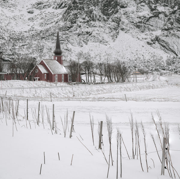 Snow covered Flakstad Chapel Norway | Photo Art Print fine art photographic print