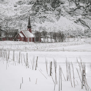 Snow covered Flakstad Chapel Norway | Photo Art Print fine art photographic print