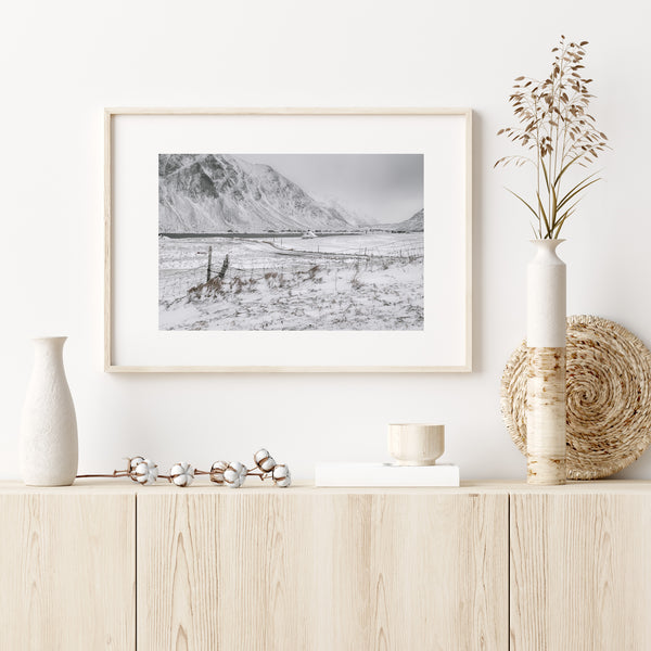 Snow covered landscape Flakstadsaden Norway | Photo Art Print fine art photographic print