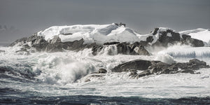 Breaking waves and white spray beside a snowy Antarctic shoreline