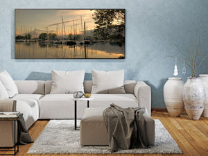 Panoramic sailboat marina photograph at dusk on Toronto Island