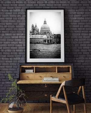 Monochrome Venice architecture with grand church domes and rippled canal water