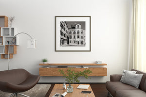Monochrome architectural photograph of a quiet Venice square and old houses