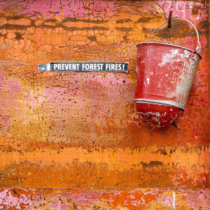 Red metal bucket beside a Prevent Forest Fires sign on a weathered wall.