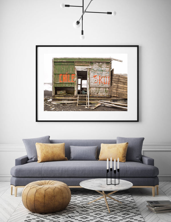 Wooden building with the word Chile at Whalers Bay Station Antarctica | Photo Art Print fine art photographic print