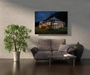 Interior view of a derelict trolley car, with seats torn and strewn with debris, hinting at decades of neglect and stories untold.