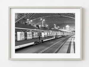 Black white train station with stationary train Dresden Germany | Photo Art Print fine art photographic print