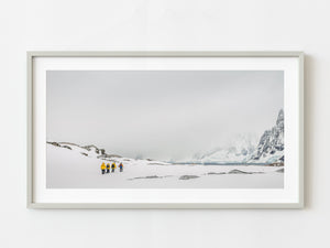 Hikers heading into the rugged and cold Antarctica landscape | Photo Art Print fine art photographic print